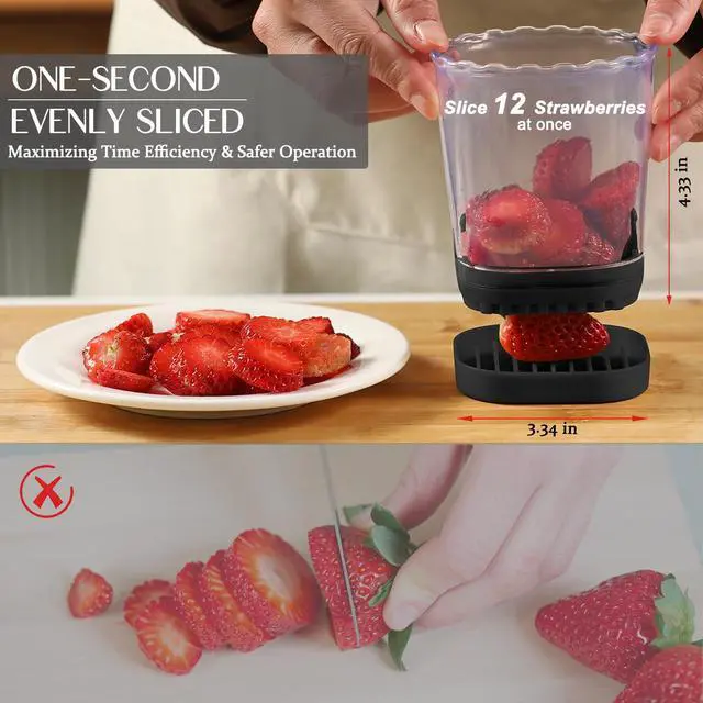 Alt view image 2 of 6 - 2-in-1 Detachable Fruit Slicer & Dicer, Stainless Steel Strawberry Slicer with Lid, Fruit Cutter with Push Plate for Banana Egg, Creative Cup Slicer, Must Have Vegetable Cutter Kitchen Gadget