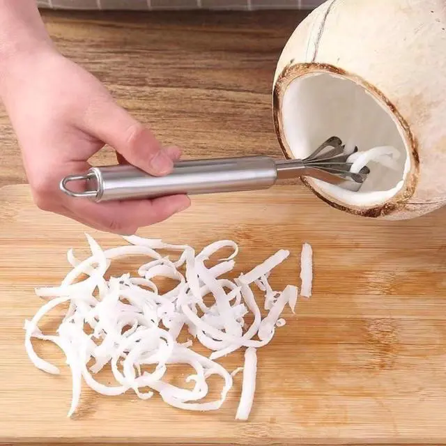 Alt view image 2 of 7 - 2 Pieces Stainless Steel Coconut Scraper Durable Coconut Meat Removal Multi-Purpose coconut shell Opener Melon Scraper Meat Removal for Safe Fruit Seed peel tool Meat Graters Peelers And Slicers