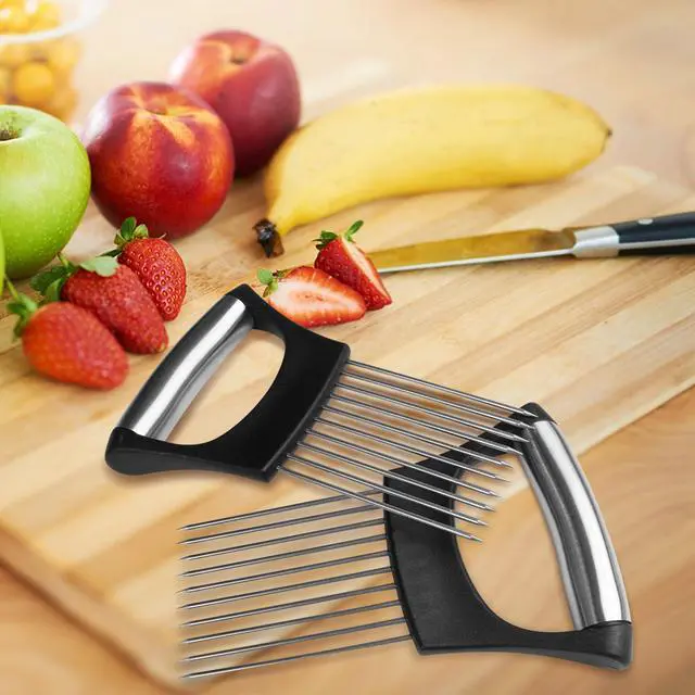 Alt view image 7 of 7 - Onion Slicer Holder,Stainless Steel Onion Slicer for Slicing of Onions,Potato,Tomatoes,Avocados,Eggs and Vegetables(2PCS Black)
