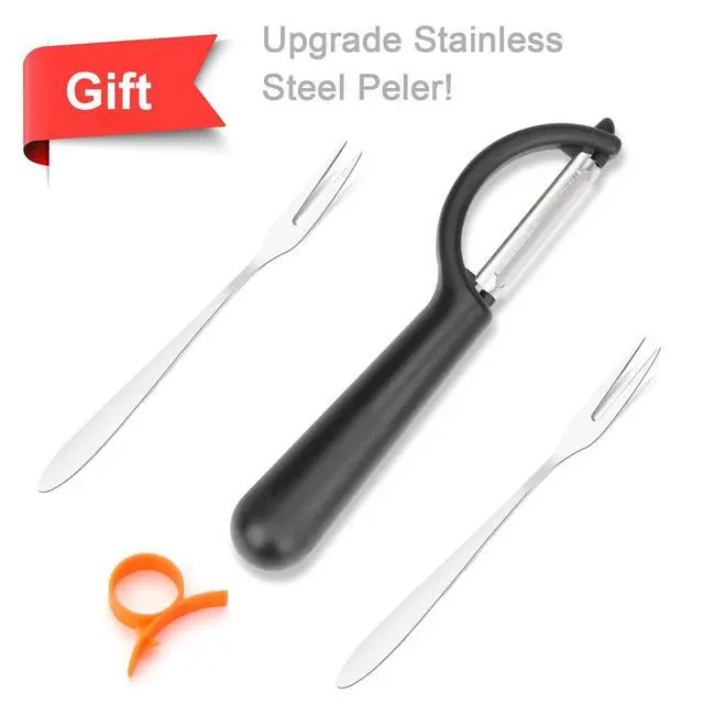 Alt view image 4 of 7 - 4.72 Inch 12 Super Sharp Stainless Steel Blades Apple Slicer, Corer and Divider, 1 Super Sharp Peeler, 2 Fruit Forks and 1 Orange Citrus Peeler Tool, Red