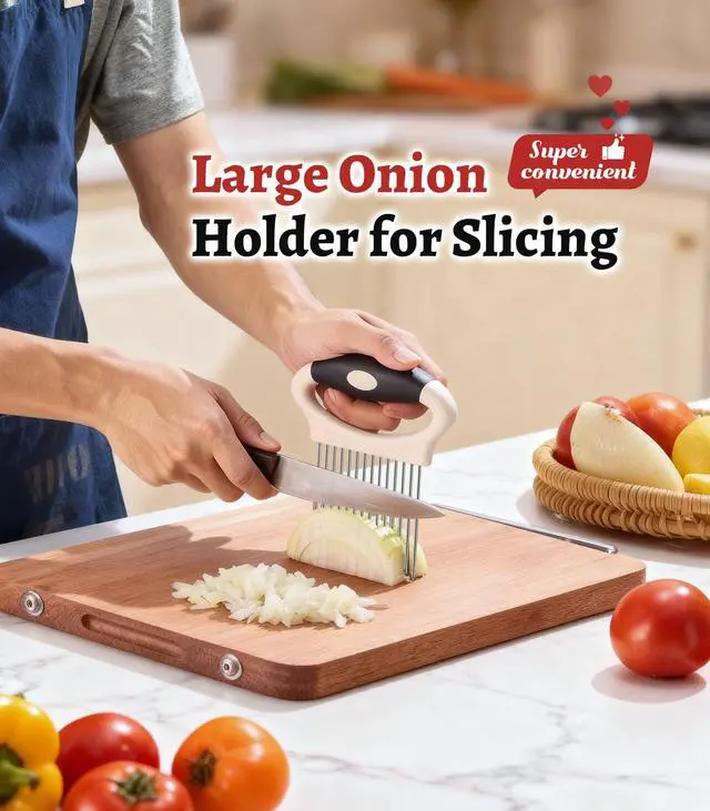Alt view image 2 of 7 - Large Onion Slicer Holder, Stainless Steel Onion Holder for Slicing, Onion Cutter Vegetable Chopper Tool with 14 Sharp Prongs for Slicing of Potato Avocados & Meat, Cooking Gadgets Tool for Fruit Prep