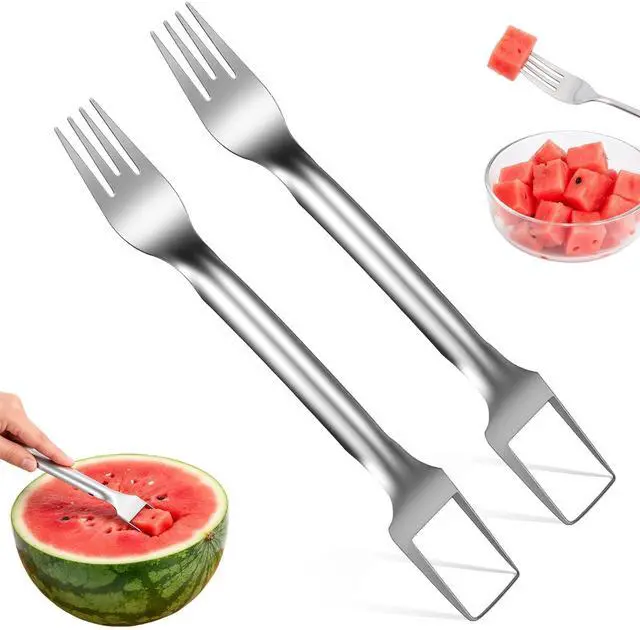 Main image of 2pcs Watermelon Cutter Slicer 2-in-1 Stainless Steel Fruit Cutter Watermelon Fork Slicer Portable Tool for Home Party Camping Kitchen Gadget Dual Heads Fruit Forks for Salad BBQ