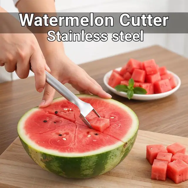 Alt view image 3 of 7 - 2pcs Watermelon Cutter Slicer 2-in-1 Stainless Steel Fruit Cutter Watermelon Fork Slicer Portable Tool for Home Party Camping Kitchen Gadget Dual Heads Fruit Forks for Salad BBQ