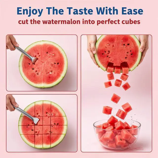 Alt view image 4 of 7 - 2pcs Watermelon Cutter Slicer 2-in-1 Stainless Steel Fruit Cutter Watermelon Fork Slicer Portable Tool for Home Party Camping Kitchen Gadget Dual Heads Fruit Forks for Salad BBQ