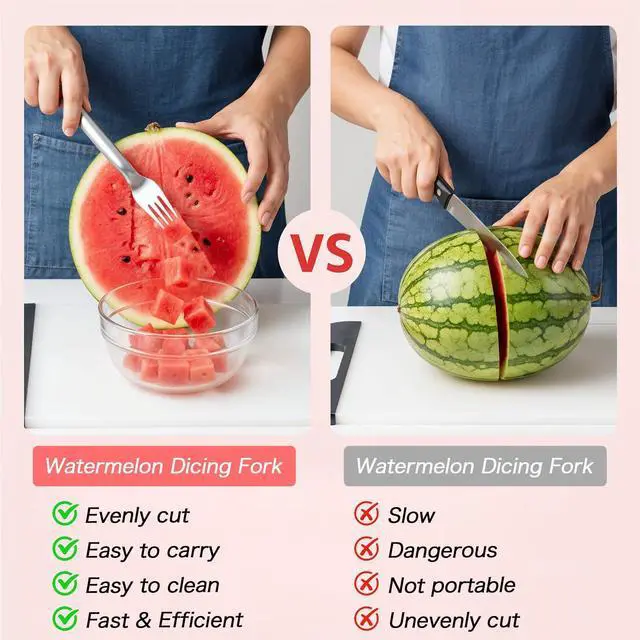 Alt view image 5 of 7 - 2pcs Watermelon Cutter Slicer 2-in-1 Stainless Steel Fruit Cutter Watermelon Fork Slicer Portable Tool for Home Party Camping Kitchen Gadget Dual Heads Fruit Forks for Salad BBQ