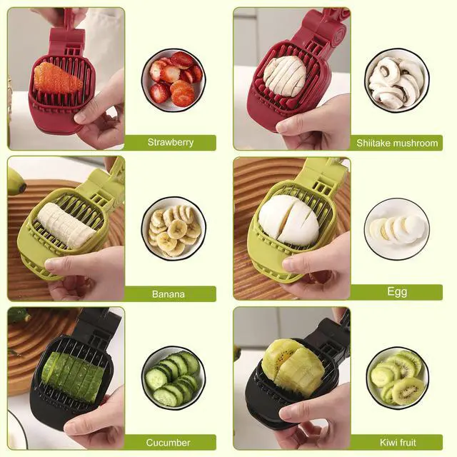 Alt view image 5 of 7 - Fruit Slicer, Strawberry, Banana, Kiwi Cutter, Egg Slicer for Hard Boiled Eggs, for Soft Fruit Sausages, Cucumbers, Mushroom Cutter, Rapid & Safe Slicing Kitchen Gadgets (Green)