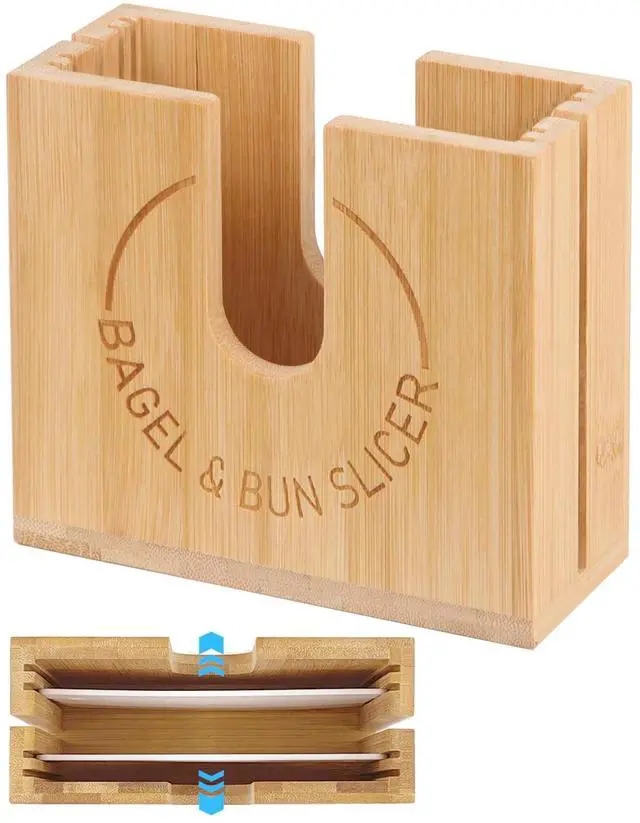 Main image of Adjustable Bagel Slicer Holder | Bamboo Bagel Cutting Holder with Width Adjustable Slots for Small & Large Bagels, Buns & English Muffins, Knife Groove for Long Bread Knife + Non-Slip Base
