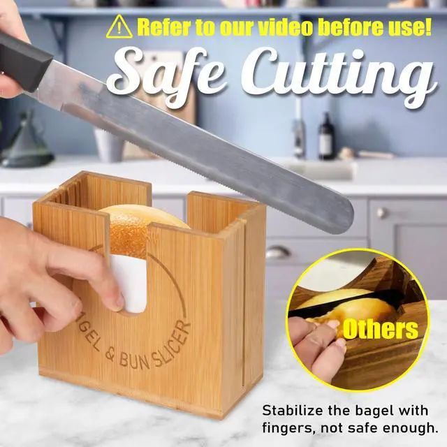 Alt view image 2 of 6 - Adjustable Bagel Slicer Holder | Bamboo Bagel Cutting Holder with Width Adjustable Slots for Small & Large Bagels, Buns & English Muffins, Knife Groove for Long Bread Knife + Non-Slip Base