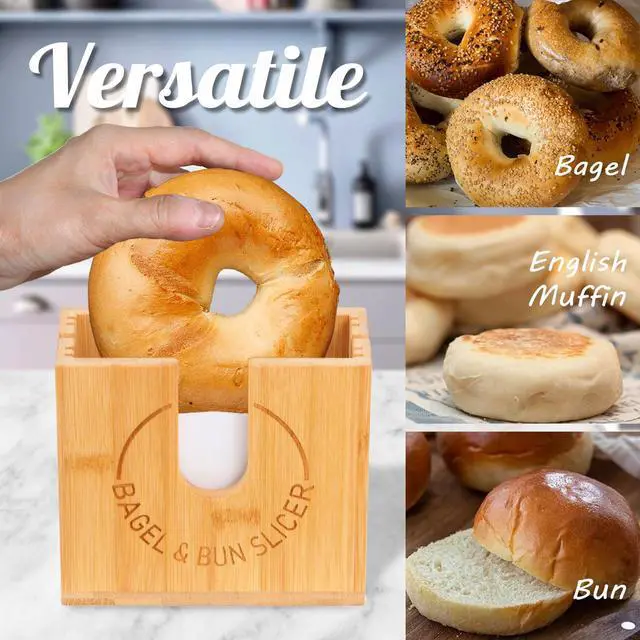 Alt view image 5 of 6 - Adjustable Bagel Slicer Holder | Bamboo Bagel Cutting Holder with Width Adjustable Slots for Small & Large Bagels, Buns & English Muffins, Knife Groove for Long Bread Knife + Non-Slip Base