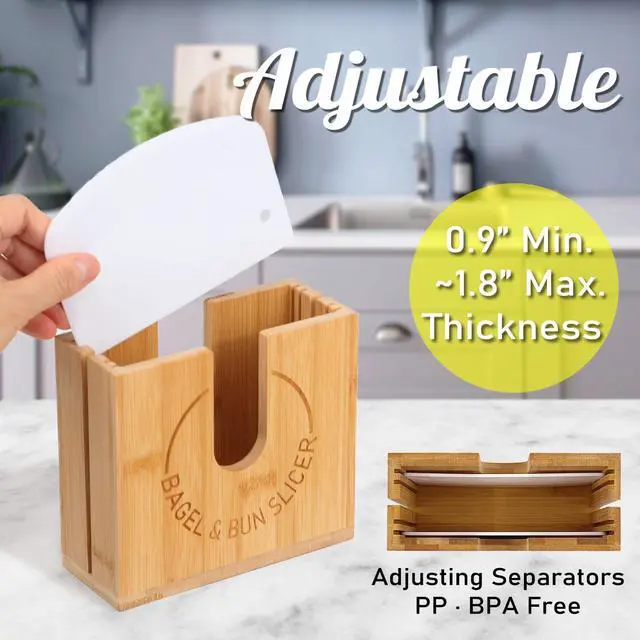 Alt view image 3 of 6 - Adjustable Bagel Slicer Holder | Bamboo Bagel Cutting Holder with Width Adjustable Slots for Small & Large Bagels, Buns & English Muffins, Knife Groove for Long Bread Knife + Non-Slip Base