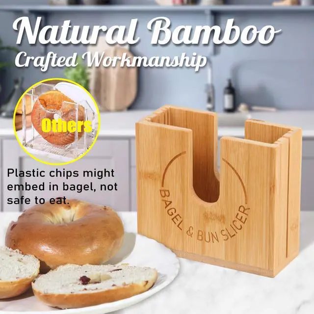 Alt view image 4 of 6 - Adjustable Bagel Slicer Holder | Bamboo Bagel Cutting Holder with Width Adjustable Slots for Small & Large Bagels, Buns & English Muffins, Knife Groove for Long Bread Knife + Non-Slip Base