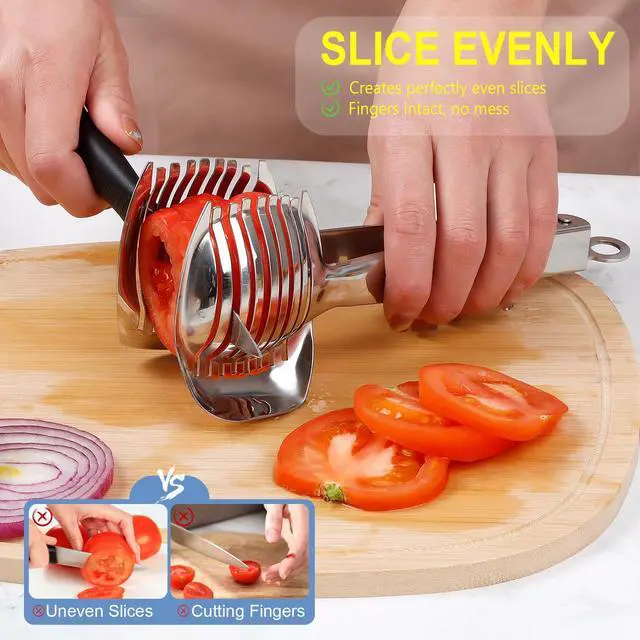 Alt view image 2 of 7 - Tomato Slicer Holder with Paring Knife Set, Stainless Steel Lemon Slicer Cutter for Slicing, Onion Holder for Slicing, Vegetable Cutter for Tomato, Lemon
