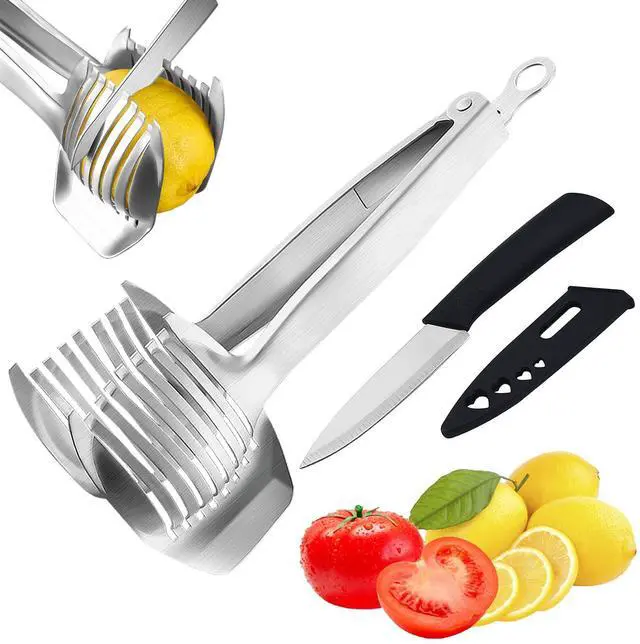 Main image of Tomato Slicer Holder with Paring Knife Set, Stainless Steel Lemon Slicer Cutter for Slicing, Onion Holder for Slicing, Vegetable Cutter for Tomato, Lemon