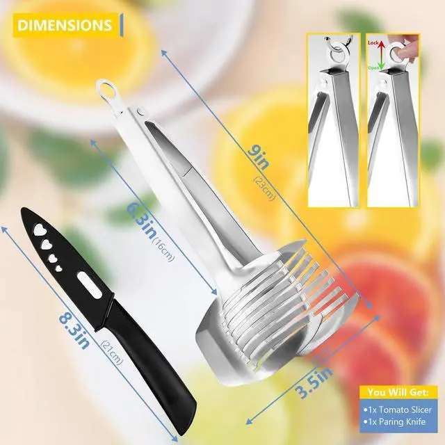 Alt view image 6 of 7 - Tomato Slicer Holder with Paring Knife Set, Stainless Steel Lemon Slicer Cutter for Slicing, Onion Holder for Slicing, Vegetable Cutter for Tomato, Lemon