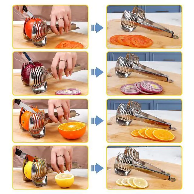 Alt view image 3 of 7 - Tomato Slicer Holder with Paring Knife Set, Stainless Steel Lemon Slicer Cutter for Slicing, Onion Holder for Slicing, Vegetable Cutter for Tomato, Lemon