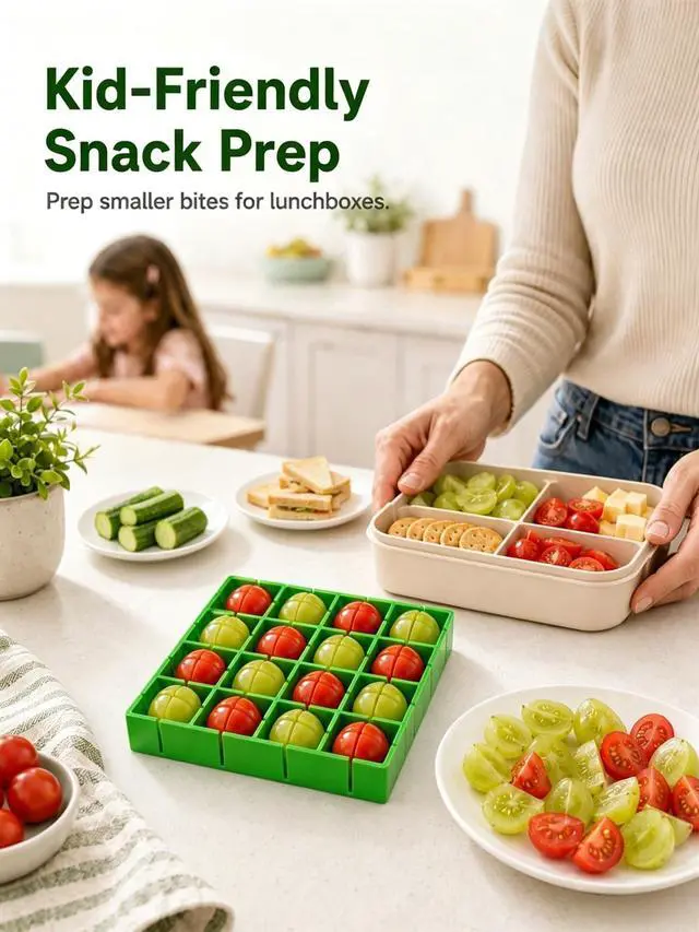 Alt view image 2 of 7 - Grapes Cherry Tomatoes Cutter Slicer Half or Quarter Cutting 16Pcs at a Time, Food Grade Material, Dishwasher Safe, Fruit Container Holder Cutter for Salad Kids Baby Toddlers' Snacks