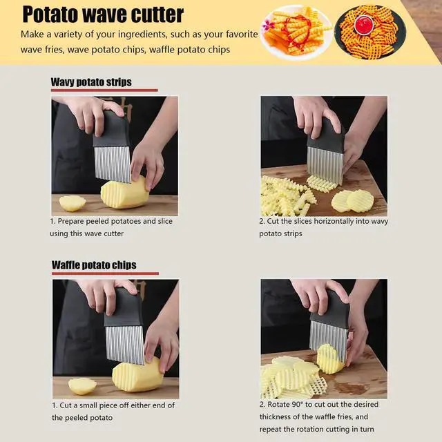 Alt view image 6 of 7 - Crinkle Cutter, Stainless Steel Wavy Chopper Slicer Vegetable Salad Garnishing Tools with Cleaning Brush, Fry Cutter for Potatoes (3-piece Set)