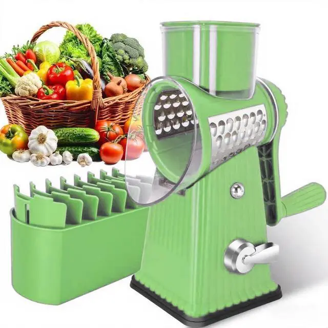 Main image of Rotary Cheese Grater with 5 Well-designed Blades & Strong Suction Base, Kitchen Mandoline Vegetable Slicer with Blade Storage Box (GREEN)