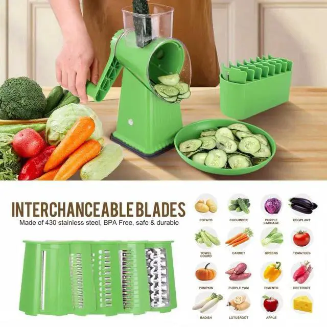 Alt view image 2 of 5 - Rotary Cheese Grater with 5 Well-designed Blades & Strong Suction Base, Kitchen Mandoline Vegetable Slicer with Blade Storage Box (GREEN)