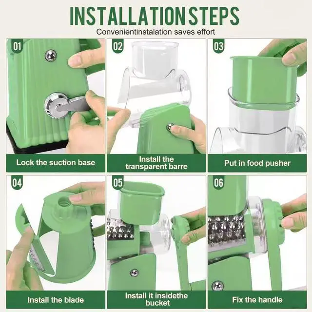Alt view image 3 of 5 - Rotary Cheese Grater with 5 Well-designed Blades & Strong Suction Base, Kitchen Mandoline Vegetable Slicer with Blade Storage Box (GREEN)