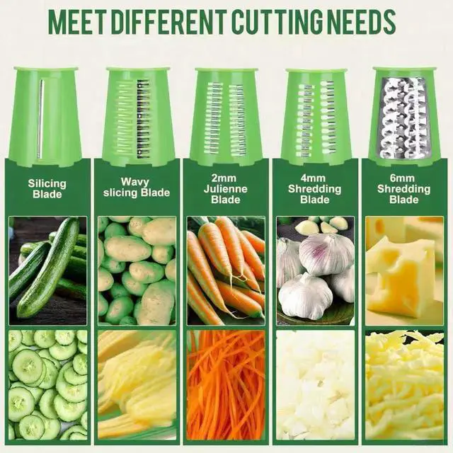 Alt view image 4 of 5 - Rotary Cheese Grater with 5 Well-designed Blades & Strong Suction Base, Kitchen Mandoline Vegetable Slicer with Blade Storage Box (GREEN)
