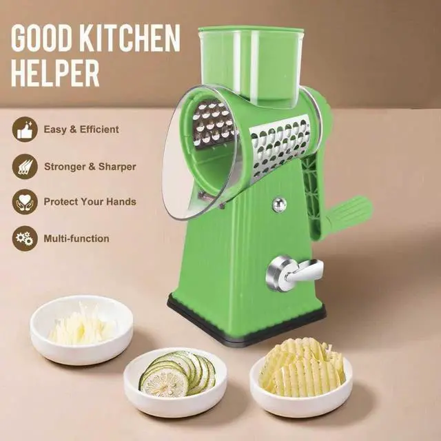Alt view image 5 of 5 - Rotary Cheese Grater with 5 Well-designed Blades & Strong Suction Base, Kitchen Mandoline Vegetable Slicer with Blade Storage Box (GREEN)