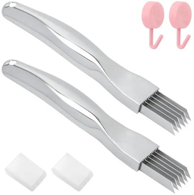 Main image of 2pcs Onion Knife,Stainless Steel Scallion Cutter Shredder Manual Green Onion Slicer Tool with 2pcs Brushes Multifunctional Home Kitchen Slicing Tool Gadgets