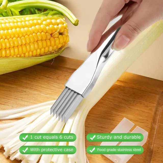 Alt view image 6 of 7 - 2pcs Onion Knife,Stainless Steel Scallion Cutter Shredder Manual Green Onion Slicer Tool with 2pcs Brushes Multifunctional Home Kitchen Slicing Tool Gadgets