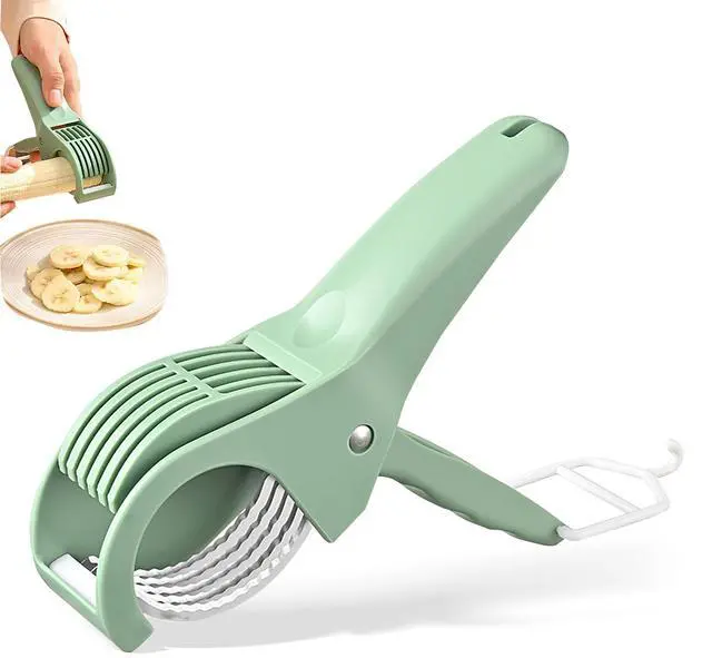 Main image of Multifunctional Fruit and Vegetable Slicer, Cucumber Divider, Press & Cut, Stainless Steel Blades, Ideal for Bananas, Cucumbers, Carrots, Peppers, Sausages (Green)