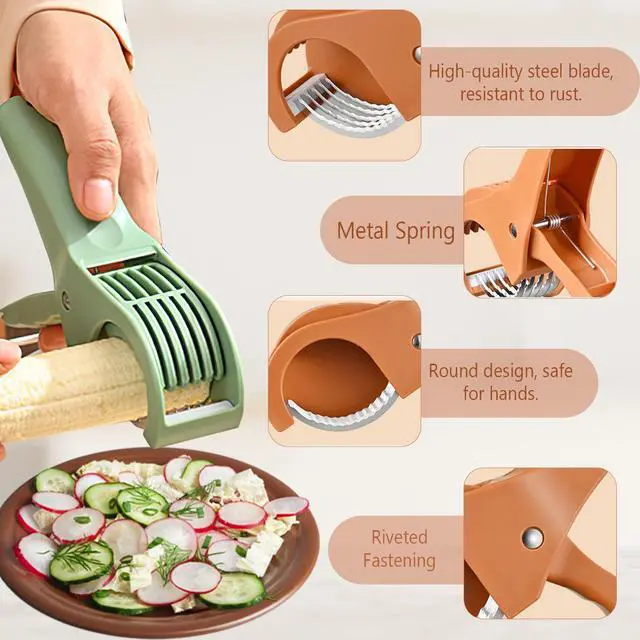 Alt view image 4 of 6 - Multifunctional Fruit and Vegetable Slicer, Cucumber Divider, Press & Cut, Stainless Steel Blades, Ideal for Bananas, Cucumbers, Carrots, Peppers, Sausages (Green)