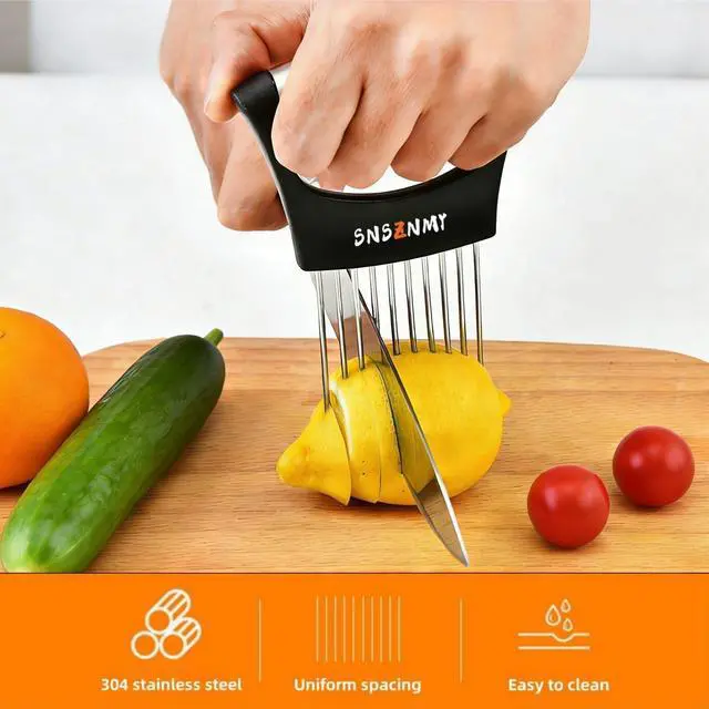 Alt view image 3 of 7 - Onion Holder for Slicing, Upgrade Stainless Steel Onion Slicer Holder Lemon Slicer Vegetable Cutter, Assistant Tool for Slicing Fruit, Potato, Tomato and Meat (2 Pack)