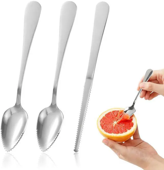 Main image of Grapefruit Spoon & Knife Set,Stainless Steel Grapefruit Spoon Utensil With Serrated Edge,Silver Kitchen Tool,Multi-Use for Citrus, Kiwi,Dessert, Avocado & More (3 PCS)