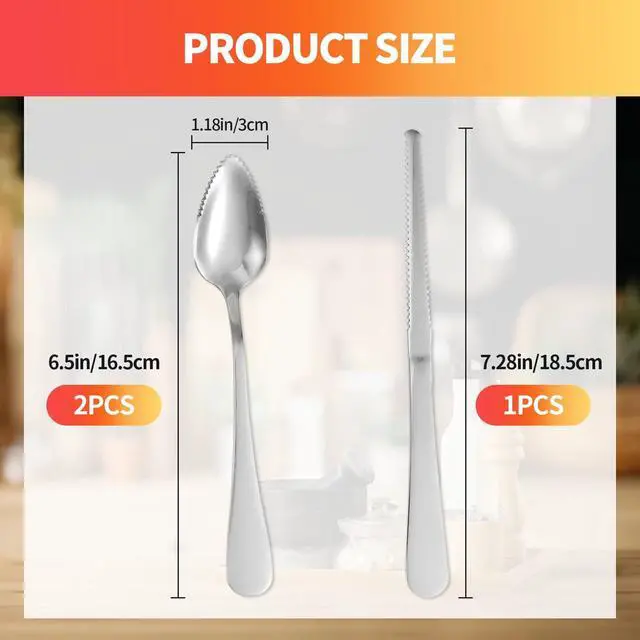 Alt view image 2 of 7 - Grapefruit Spoon & Knife Set,Stainless Steel Grapefruit Spoon Utensil With Serrated Edge,Silver Kitchen Tool,Multi-Use for Citrus, Kiwi,Dessert, Avocado & More (3 PCS)