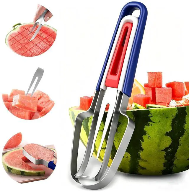 Main image of Watermelon Cutter 3-in-1 Stainless Steel Fruit Cutter, Fork Slicer & Popsicle Maker for BBQ, Picnic & Kitchen Multi Melon Cutting Tool (Red White Blue)