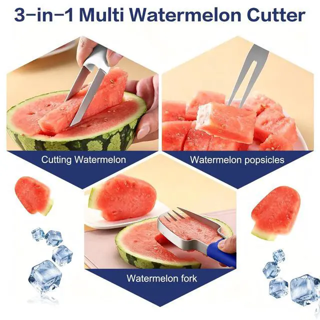 Alt view image 2 of 6 - Watermelon Cutter 3-in-1 Stainless Steel Fruit Cutter, Fork Slicer & Popsicle Maker for BBQ, Picnic & Kitchen Multi Melon Cutting Tool (Red White Blue)