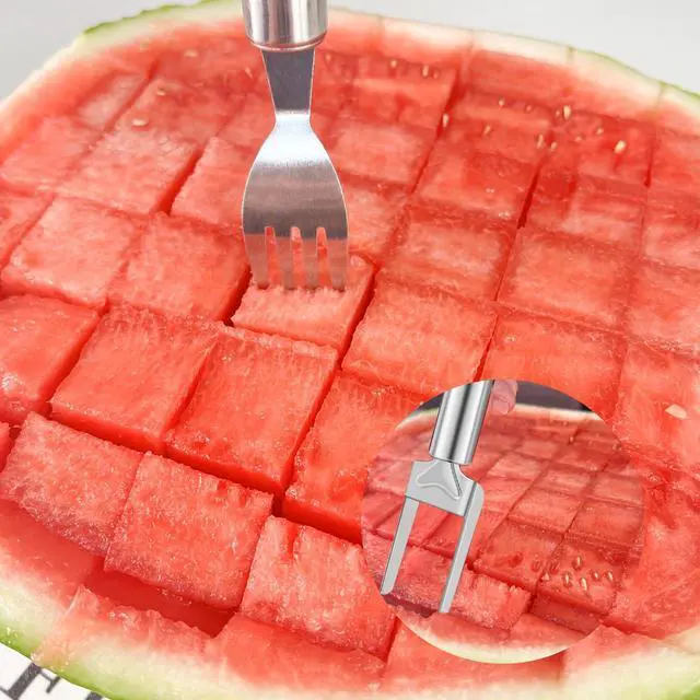 Alt view image 2 of 7 - 2-in-1 Watermelon Slicer & Fork Stainless Steel Fruit Cutter Tool for Watermelon, Mango, Pitaya Portable for Camping, Picnics, Home, Parties Effortless Cubes & No Mess