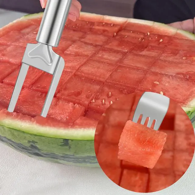 Alt view image 4 of 7 - 2-in-1 Watermelon Slicer & Fork Stainless Steel Fruit Cutter Tool for Watermelon, Mango, Pitaya Portable for Camping, Picnics, Home, Parties Effortless Cubes & No Mess