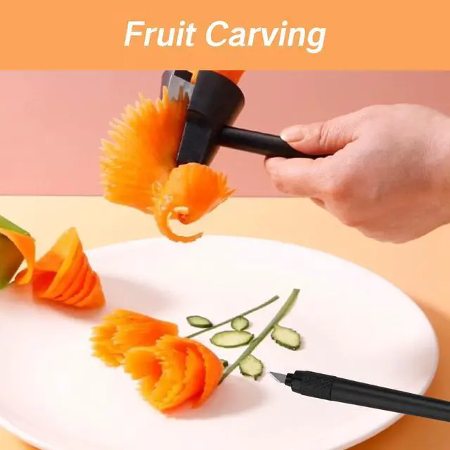 Alt view image 3 of 7 - Pcs Fruit Carving Tools Set Carrot Sharpener Vegetable Curler Peeler Spiral Cutter Shredder Tool for Garnishing Design Cutting Slicer Shaver for Carrots Fruits Vegetables(Black)