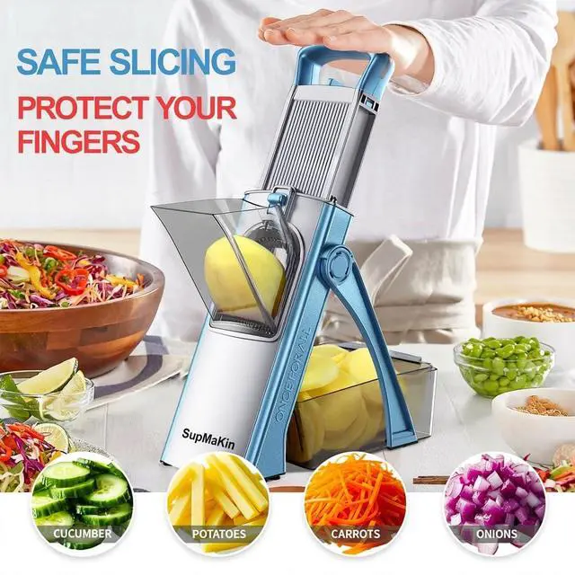 Alt view image 2 of 6 - Upgrade Safe Mandoline Slicer Plus, Vegetable Chopper, Potato Slicer, Food Slicer Onion Chopper, Fry Cutter, Veggie Salad Dicer Kitchen Chopping Artifact Gifts (Blue)