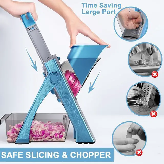 Alt view image 3 of 6 - Upgrade Safe Mandoline Slicer Plus, Vegetable Chopper, Potato Slicer, Food Slicer Onion Chopper, Fry Cutter, Veggie Salad Dicer Kitchen Chopping Artifact Gifts (Blue)