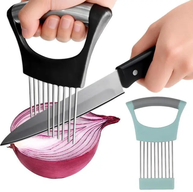Main image of 2 PCS Onion Holder for Slicing, Stainless Steel Vegetable Fruit Cutter Chopper, Multi-use Kitchen Slicer Assistant Tool for Onion Tomato Avocado Potato Egg Lemon Meat, Blue & Black