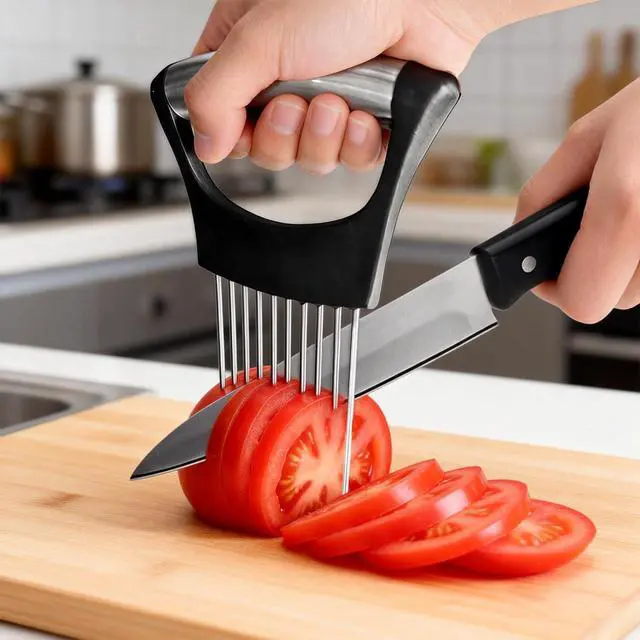 Alt view image 3 of 7 - 2 PCS Onion Holder for Slicing, Stainless Steel Vegetable Fruit Cutter Chopper, Multi-use Kitchen Slicer Assistant Tool for Onion Tomato Avocado Potato Egg Lemon Meat, Blue & Black