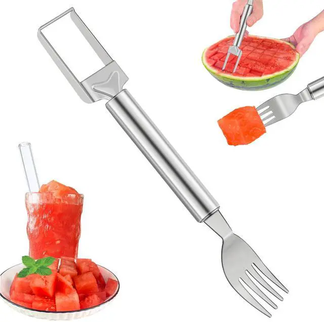 Main image of 2-in-1 Watermelon Slicer & Fork Stainless Steel Fruit Cutter Tool for Watermelon, Mango, Pitaya Portable for Camping, Picnics, Home, Parties Effortless Cubes & No Mess