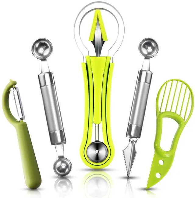 Main image of 5Pcs Melon Baller Scoop Set, 4 in 1 Stainless Steel Fruit Scooper Seed Remover Cutter, Double Sided Melon Baller Spoon, Avocado Cutter, Watermelon Carving Knife for Dig Pulp Separator Fruit Slicer