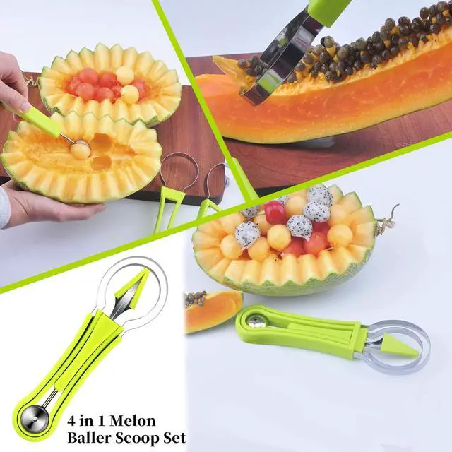 Alt view image 2 of 7 - 5Pcs Melon Baller Scoop Set, 4 in 1 Stainless Steel Fruit Scooper Seed Remover Cutter, Double Sided Melon Baller Spoon, Avocado Cutter, Watermelon Carving Knife for Dig Pulp Separator Fruit Slicer