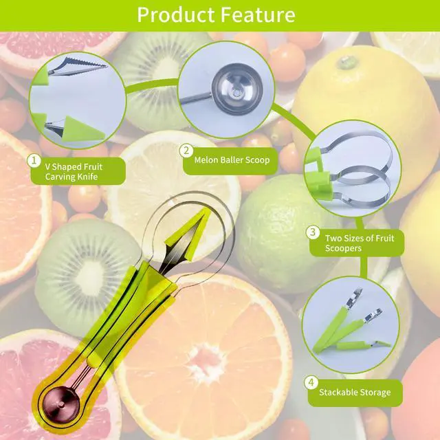 Alt view image 4 of 7 - 5Pcs Melon Baller Scoop Set, 4 in 1 Stainless Steel Fruit Scooper Seed Remover Cutter, Double Sided Melon Baller Spoon, Avocado Cutter, Watermelon Carving Knife for Dig Pulp Separator Fruit Slicer