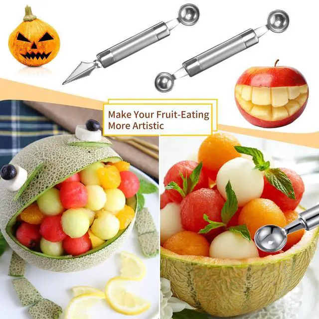 Alt view image 5 of 7 - 5Pcs Melon Baller Scoop Set, 4 in 1 Stainless Steel Fruit Scooper Seed Remover Cutter, Double Sided Melon Baller Spoon, Avocado Cutter, Watermelon Carving Knife for Dig Pulp Separator Fruit Slicer