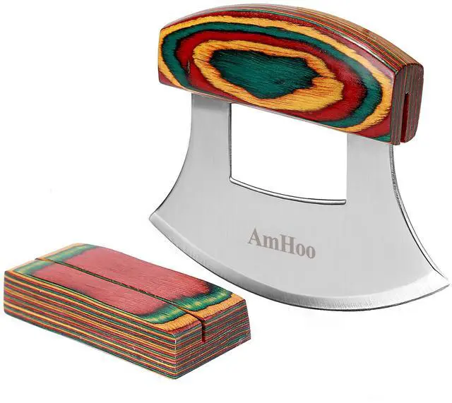 Main image of Pizza Cutter Chef Mezzaluna Ulu Knife Handle Color Wood Grip Sharp Rocker Slicer Stainless Steel Blade Salad Onion Vegetable Chopper with Holder Base Christmas Gifts