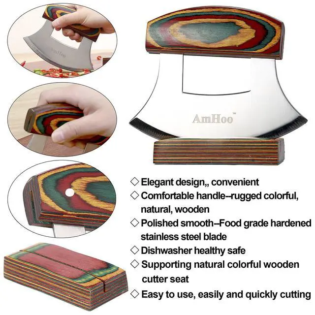 Alt view image 3 of 7 - Pizza Cutter Chef Mezzaluna Ulu Knife Handle Color Wood Grip Sharp Rocker Slicer Stainless Steel Blade Salad Onion Vegetable Chopper with Holder Base Christmas Gifts