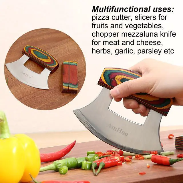 Alt view image 4 of 7 - Pizza Cutter Chef Mezzaluna Ulu Knife Handle Color Wood Grip Sharp Rocker Slicer Stainless Steel Blade Salad Onion Vegetable Chopper with Holder Base Christmas Gifts